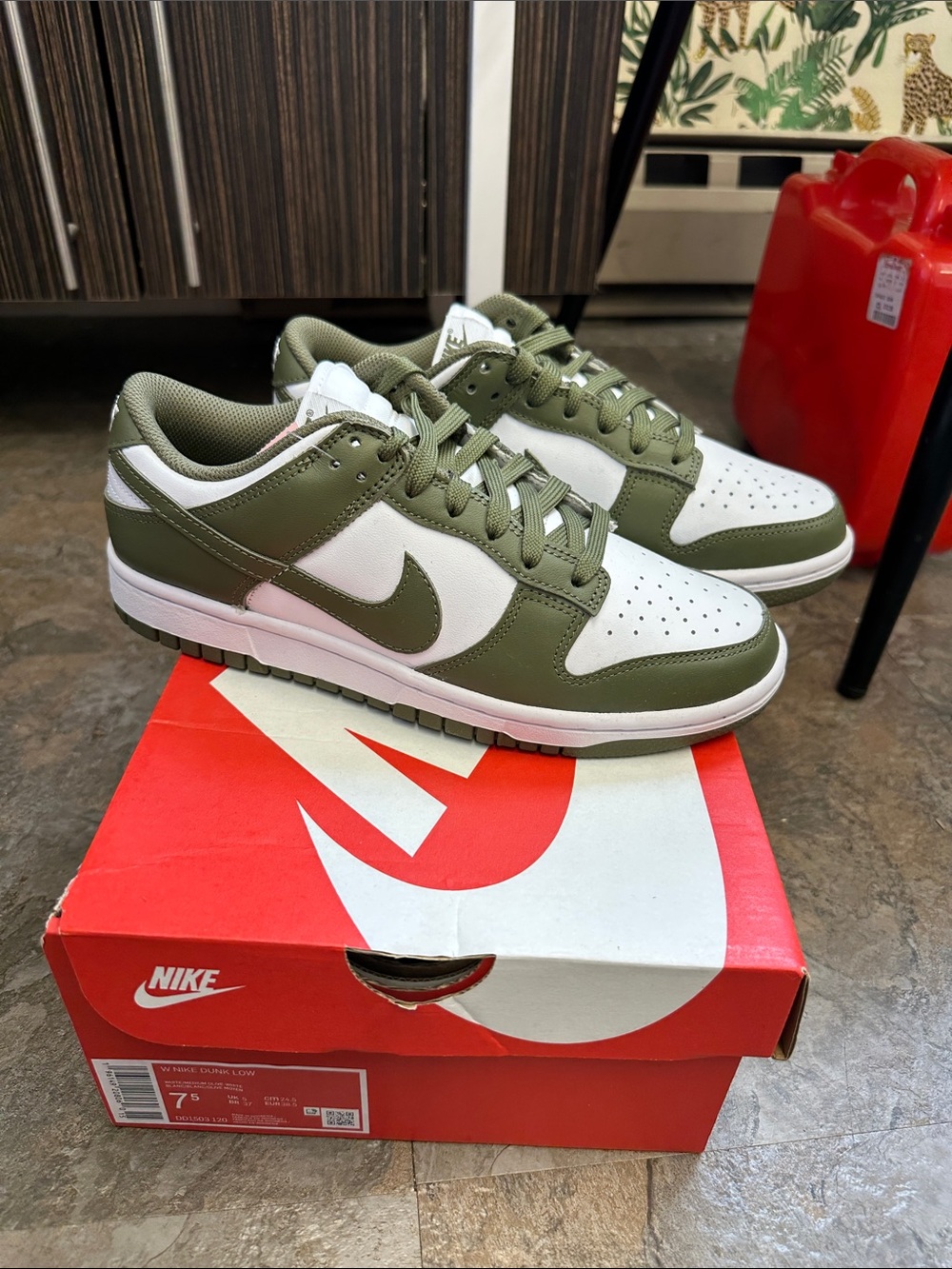 Nike Dunk Low-Top Sneakers in Olive Green and White NWB